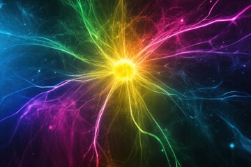 Colorful energy explosion radiating from a central point with dynamic swirling patterns