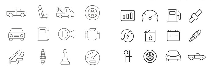 Collection of car-related icons illustrating various vehicle components and dashboard symbols for auto enthusiasts and mechanics