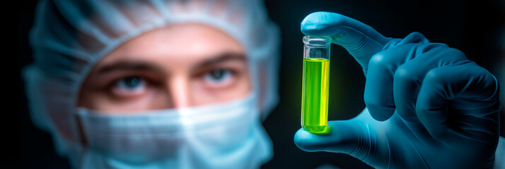 Scientist in protective gear closely examining test tube with glowing green liquid in laboratory environment
