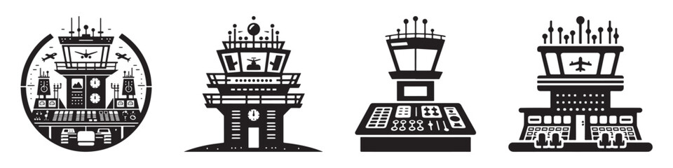 Obraz premium Modern Minimalist Tower Control Room Icon, Flat Silhouette of an Aviation Building Vector for Airport Illustration Design