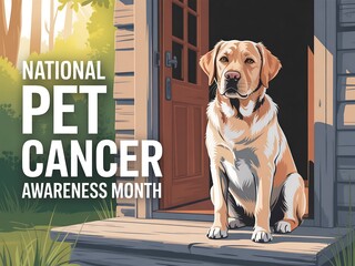 Golden labrador dog sits on porch for national pet cancer awareness month