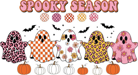 Spooky season with retro ghosts pumpkins bats and disco balls for halloween fun