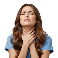 Naklejka premium Young woman expressing discomfort clutching her throat indicating soreness or difficulty breathing isolated on transparent background