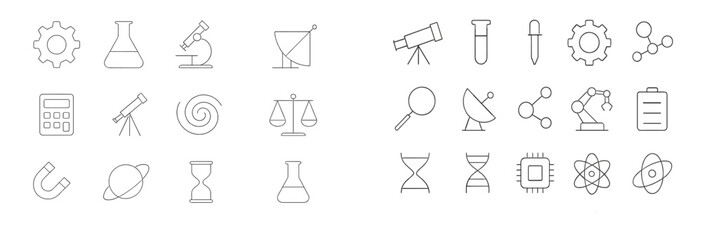 Collection of science and technology icons showcasing various tools and concepts related to research and experiments