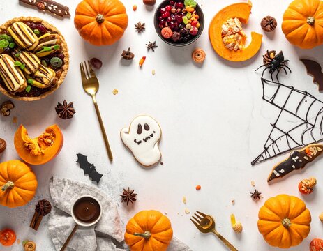 Halloween party background with pumpkins and seasonal desserts