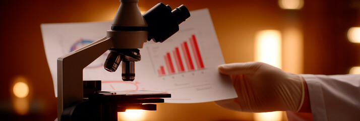 Scientist holding analytics sheet beside microscope in warm-lit lab showing growth chart and research results