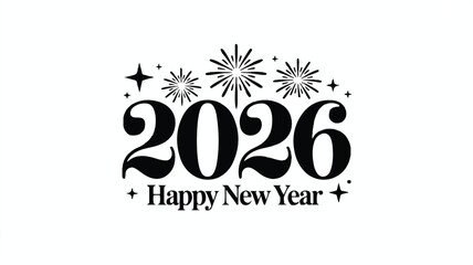 A minimalist black and white New Year greeting design featuring stylized text 2026 in large, flowing black numbers with decorative swirls and curves 