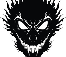 Menacing black silhouette of a monster face with sharp teeth and glowing eyes