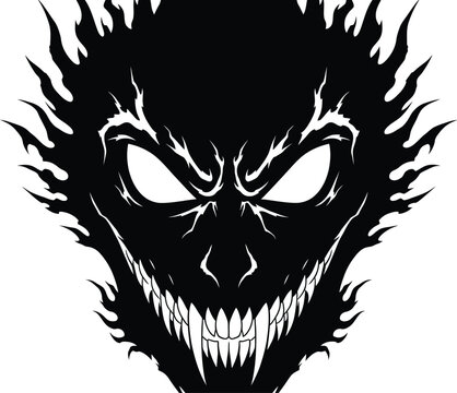 Menacing black silhouette of a monster face with sharp teeth and glowing eyes