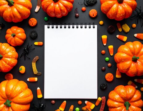 Halloween flat lay with pumpkin, candy corn and jelly worms border