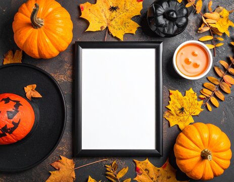 Halloween background with pumpkins, hot tea, plates and autumn leaves