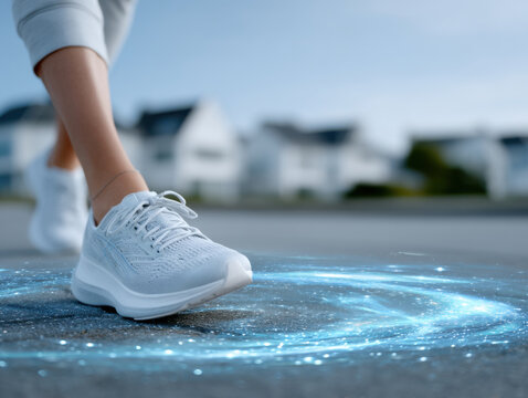 Woman walking with futuristic running shoes technology - Powered by Adobe