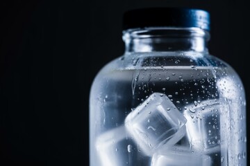 Refreshing glass jar filled with ice cubes and cold water against dark background
