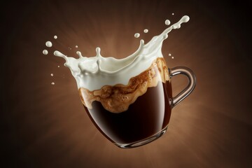 High speed splash of cream over a cup of fresh coffee with dramatic background