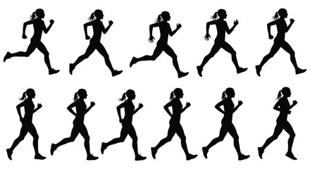 Dynamic silhouettes of a woman running showing motion and activity fitness training workout