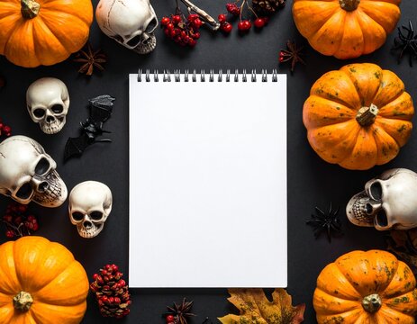 Halloween background with pumpkins and boney skulls with a notebook in the middle