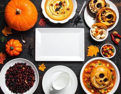 Set of Halloween pumpkins and desserts