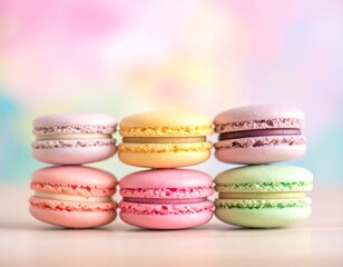Colorful French macarons stacked in rows on a table, sweet meringue cookies with a soft filling, delightful pastry treats perfect for any occasion