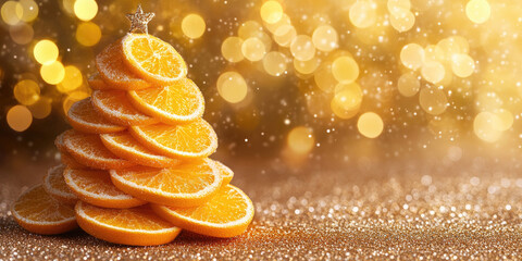 Orange slices forming a Christmas tree with a star on top, placed on a glittering surface with warm bokeh effect lights in the background, creating a festive,original Christmas decoration. Copy space