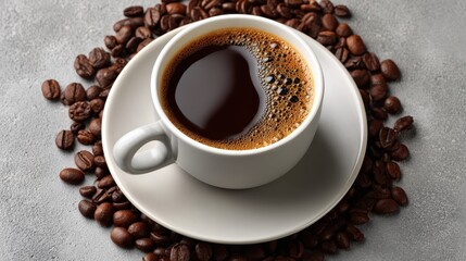 Fototapeta premium Aromatic coffee cup surrounded by roasted coffee beans