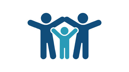 A minimalist logo design featuring three stick figures in different shades of blue. 