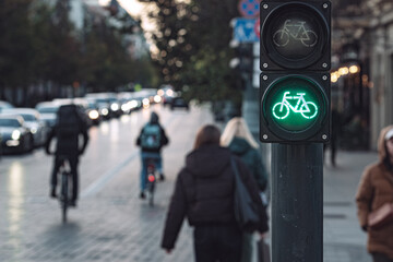 Close-up of green bicycle traffic light signal illuminated on busy city street with cyclists and pedestrians commuting during daytime