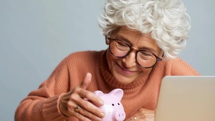 A woman with glasses is sitting in front of a laptop and a pink piggy bank. She is smiling and she is happy - Powered by Adobe