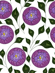 Colorful seamless pattern featuring purple flowers and green leaves on a transparent background