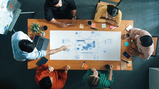 A top-down view of a diverse group of professionals engaged in a collaborative meeting, discussing innovative strategies with digital designs on the table in a modern office setting. Raster - Powered by Adobe