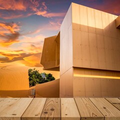 Modern wooden building in desert sunset