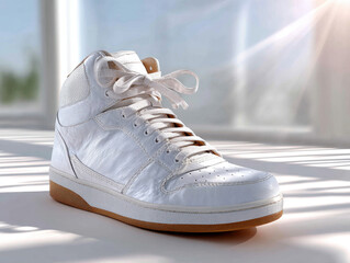 White high top sneaker standing in sunlight