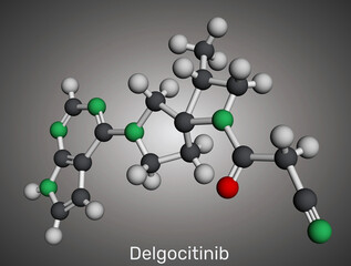 Delgocitinib molecule. Topical pan-JAK inhibitor for atopic dermatitis (eczema) treatment. Molecular model. 3D rendering. Illustration © bacsica