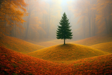 A lone evergreen tree stands atop a gentle hill surrounded by vibrant autumn foliage. Mist creates a dreamy atmosphere in the forest background.AI generated.