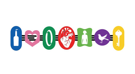 A vibrant conceptual graphic design representing diverse human elements and life symbols in a playful linear arrangement