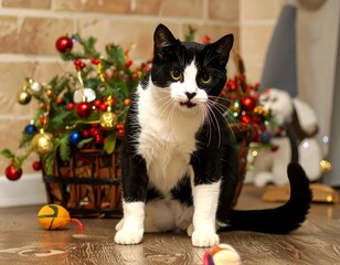 Black and white cat near Christmas basket