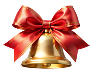 Golden jingle bell adorned with a luxurious red ribbon bow isolated on transparent background