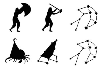 Minimalist constellation map icons set in black and yellow