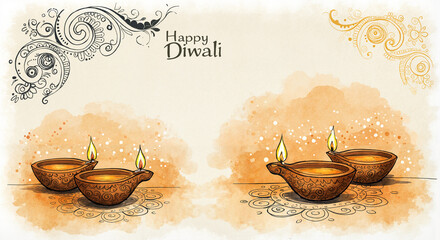 Diwali greeting card ink and wash sketch, artistic style with expressive lines and minimal color accents, with copy space