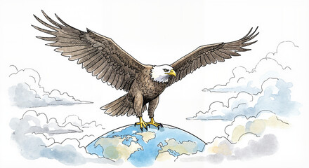 Eagle above Earth line and wash painting, loose watercolor fills with precise black ink lines, urban sketching style on white background, charming