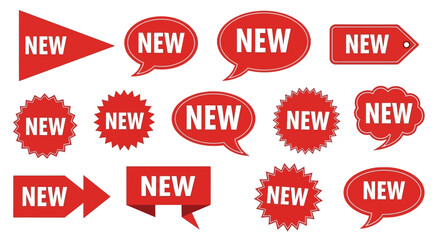Collection of Red New Product Announcement Badges and Labels in Various Shapes for Promotions and Marketing Campaigns