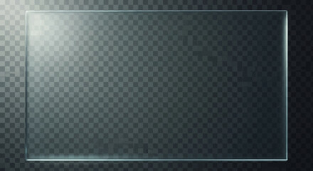 A Realistic Transparent Glass Panel Displaying Subtle Light Reflections Against a Dark Textured Background with a Grid Pattern