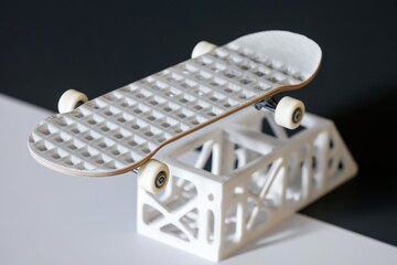 Skateboard performing tricks on a small ramp in a minimalistic indoor setting