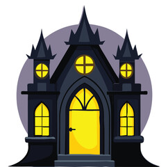 A scary halloween pumpkin glows in the dark night silhouette of a haunted castle under the moon with flying bats