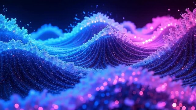 Mesmerizing neon ocean waves shimmer with magical light particles creating a dynamic, ethereal, and vibrant underwater ballet perfect for futuristic, fantasy, or abstract visuals.