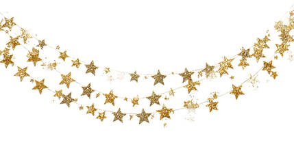 Festive golden star garland isolated on transparent background for holiday decor