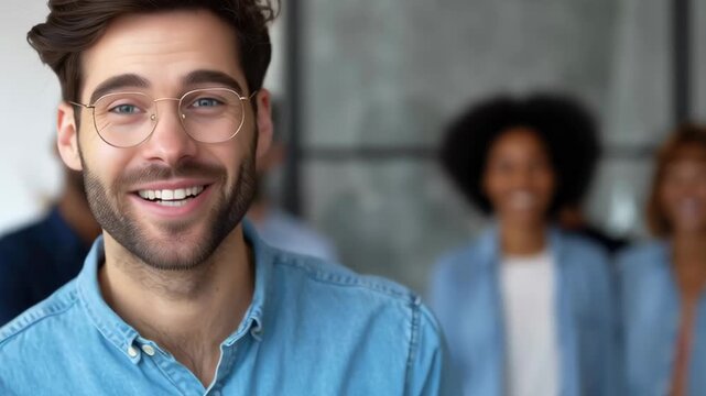 A man with glasses is smiling and holding his hand out to the camera. Concept of warmth and friendliness, as the man is welcoming the viewer