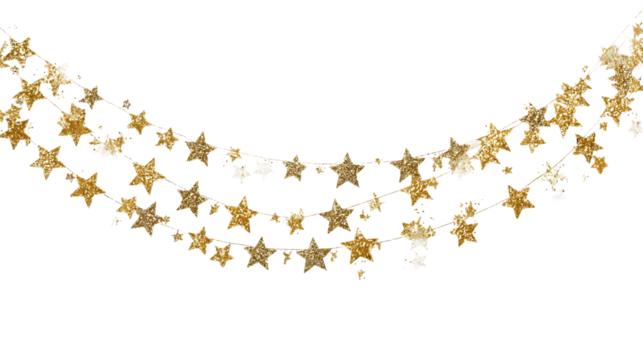 Festive golden star garland isolated on transparent background for holiday decor