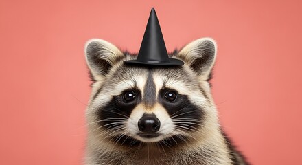 A closeup portrait of a raccoon wearing a small black witch hat