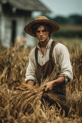 Young farmer with straw hat gathering wheat in countryside field symbol of rural tradition
