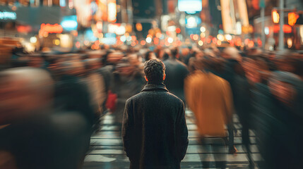 Crowded urban streets captured in a time-lapse show a motion blur of people walking, depicting the busy rush of city life